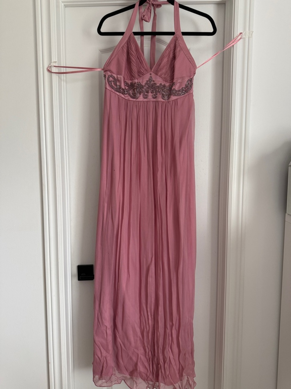 BCBGMaxAzria Dusty Pink Embellished Silk Halter Maxi Dress